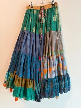 Bohemian Tiered Patchwork Silk Sari Maxi Skirt